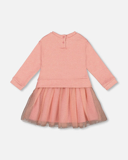 Bi-Material Dress Dusty Pink With Mesh Skirt And Unicorn