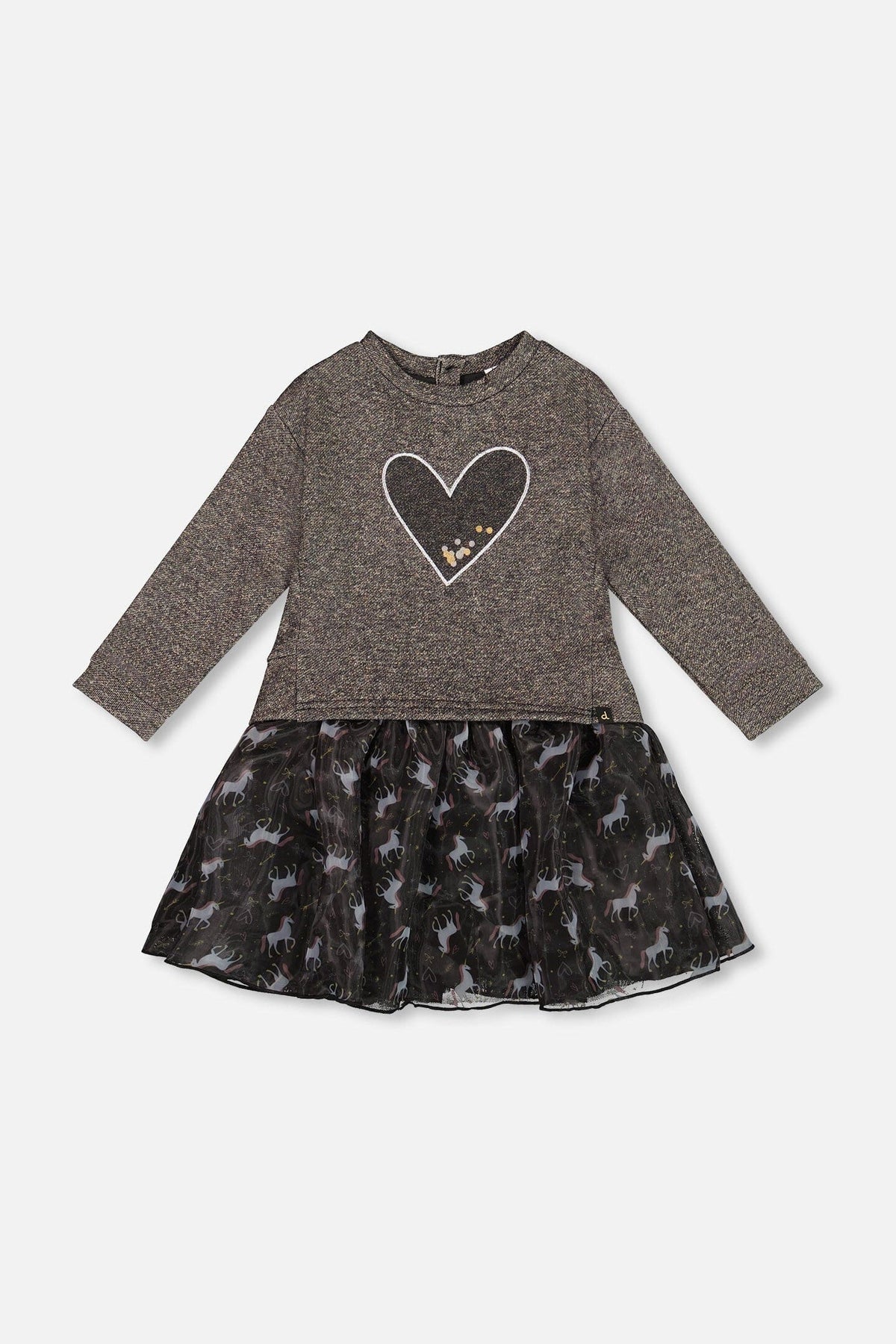 Bi-Material Dress Black With Mesh Skirt And Heart