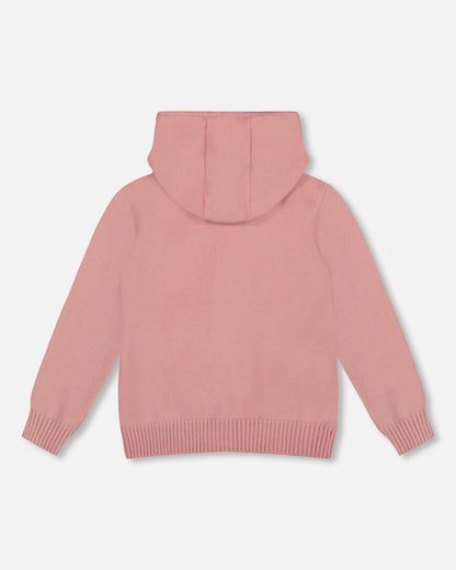 Hooded Knit Cardigan Dusty Pink With Unicorn Intarsia