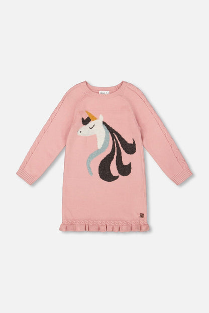 Knitted Dress Dusty Pink With Unicorn Intarsia