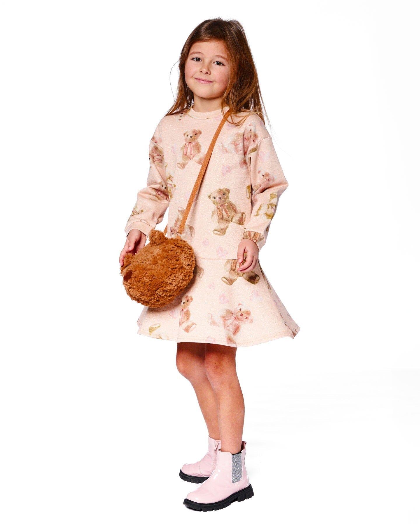 Glittering French Terry Dress Beige Teddy Bear Print
