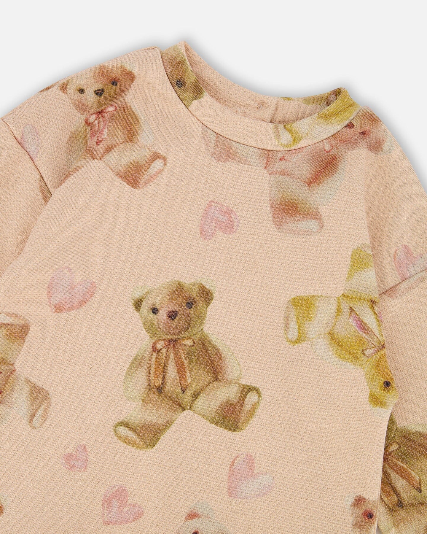 Glittering French Terry Dress Beige Teddy Bear Print