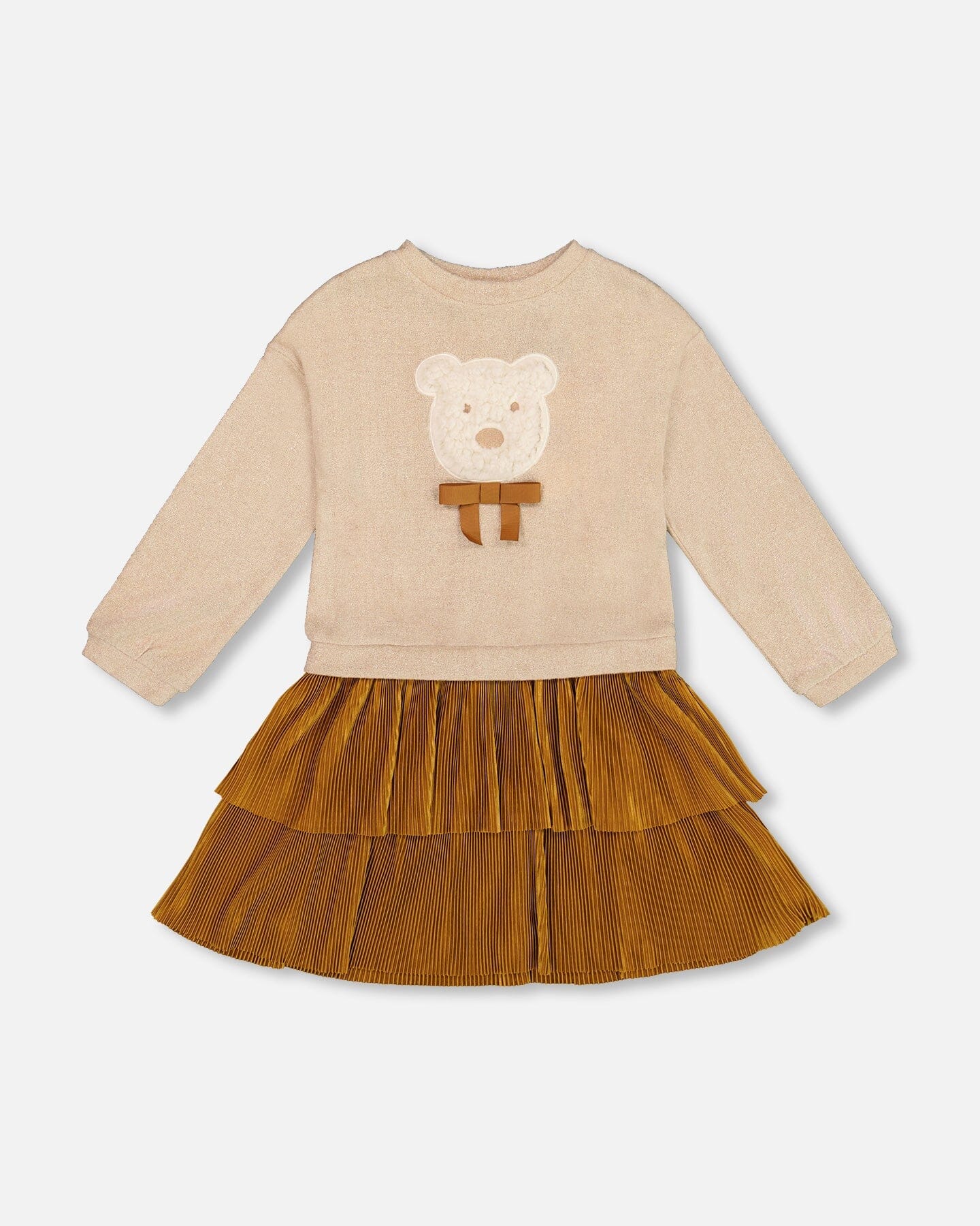 Bi-Material Dress Caramel Brown With Layered Skirt