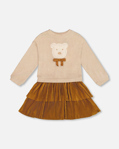Bi-Material Dress Caramel Brown With Layered Skirt