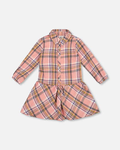 Shirt Plaid Dress With Frill Pink, Yellow And Gray