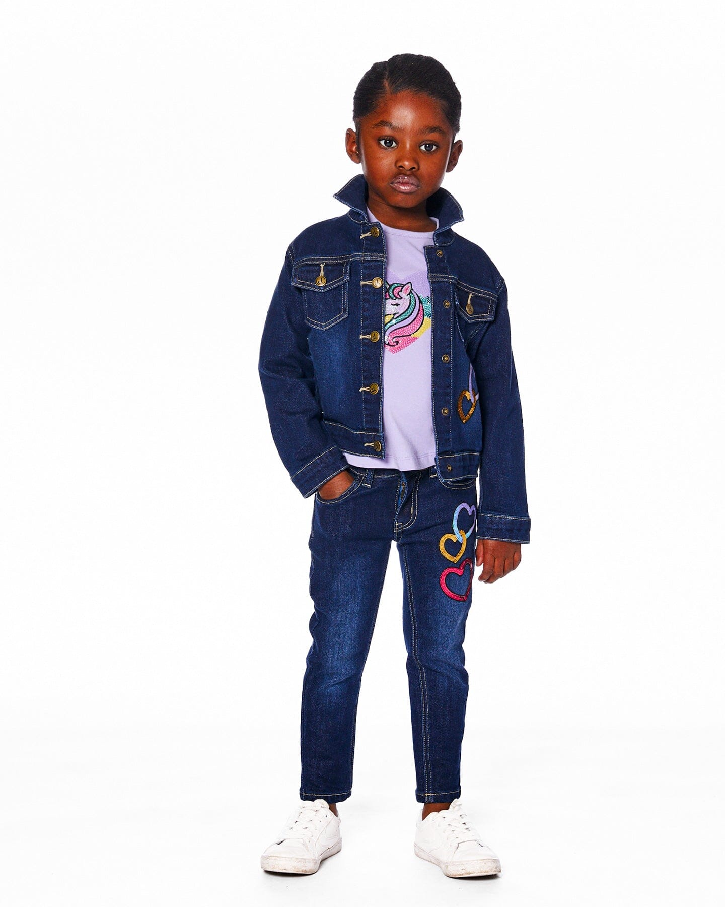 Stretch Denim Jacket Dark Blue With Glittery Hearts And Unicorn