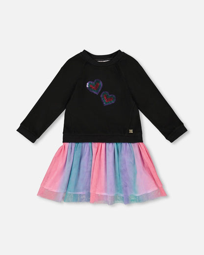 Bi-Material Dress Black With Mesh Skirt