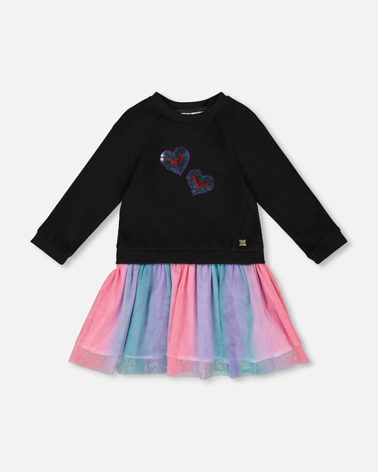 Bi-Material Dress Black With Mesh Skirt