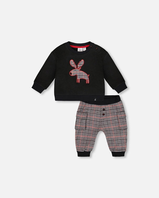 Sweater And Cargo Pants Set Black With Moose Applique
