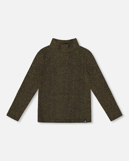 Shiny Rib Mock Neck Top Black And Gold