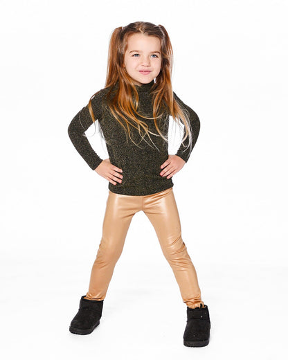 Shiny Rib Mock Neck Top Black And Gold