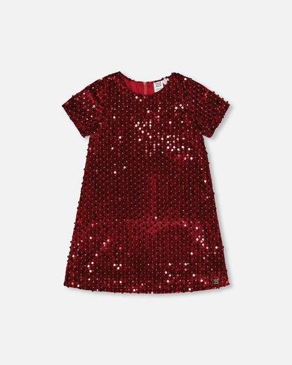 Robe courte à manches courtes en velours rouge