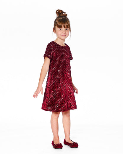 Robe courte à manches courtes en velours rouge