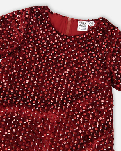 Robe courte à manches courtes en velours rouge