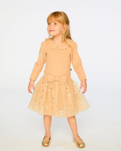 Bi-Material Dress With Glittering Skirt Beige