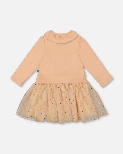 Bi-Material Dress With Glittering Skirt Beige