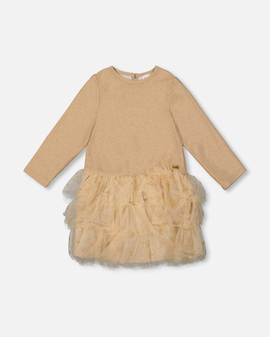 Glittering Mesh Skirt Party Dress Beige