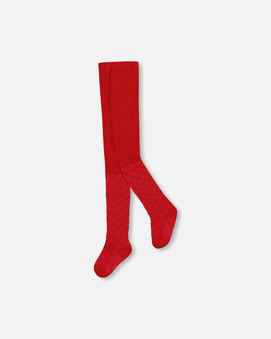 Knit Tights Red With Tone-On-Tone Star Pattern