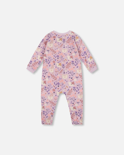 One-Piece Organic Cotton Pajama Lilac Cat Print
