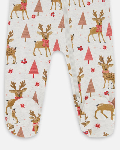 One-Piece Organic Cotton Pajama Beige Girly Reindeer Print