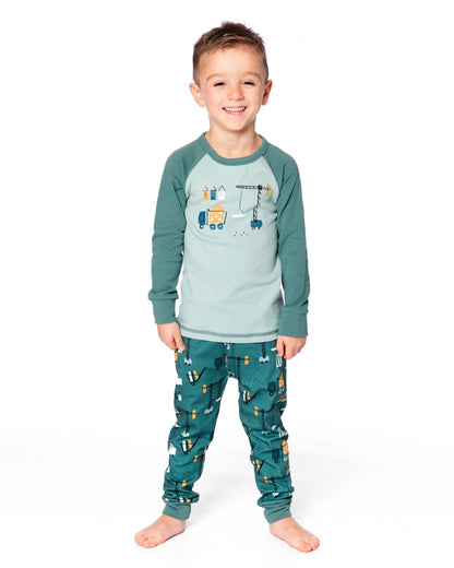 Two-Piece Organic Cotton Pajama Set Teal Construction Print