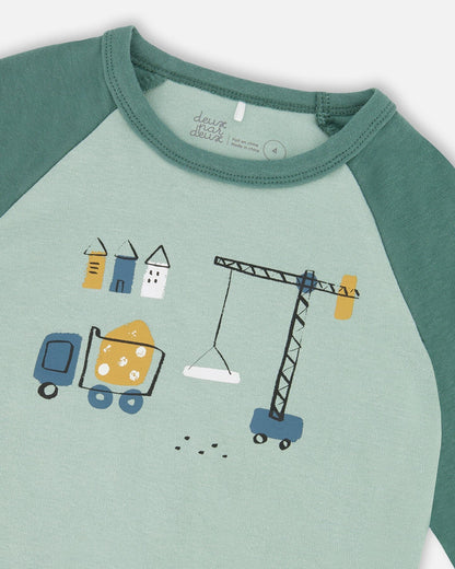 Two-Piece Organic Cotton Pajama Set Teal Construction Print