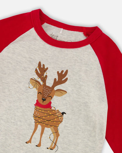 Two-Piece Organic Cotton Pajama Set Beige Reindeer Print