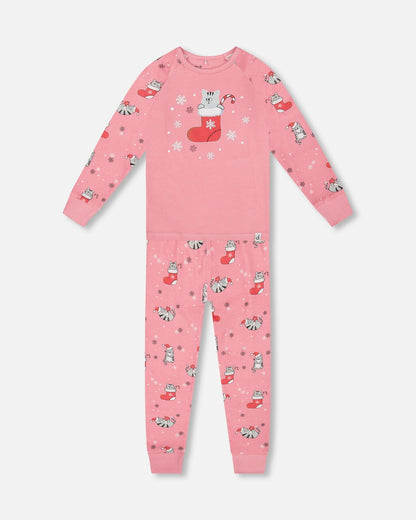 Organic Cotton Two-Piece Pajamas Pink Cat Print