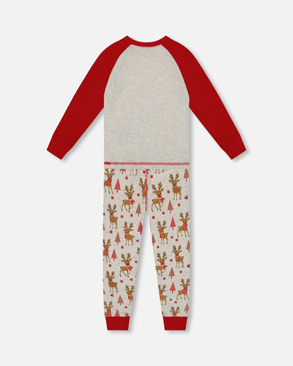 Organic Cotton Two-Piece Pajamas Beige Girly Reindeer Print