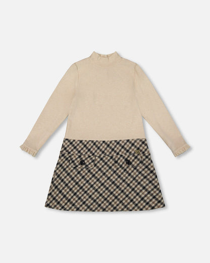 Long Sleeve Bi-Material Mock Neck Dress Beige And Plaid