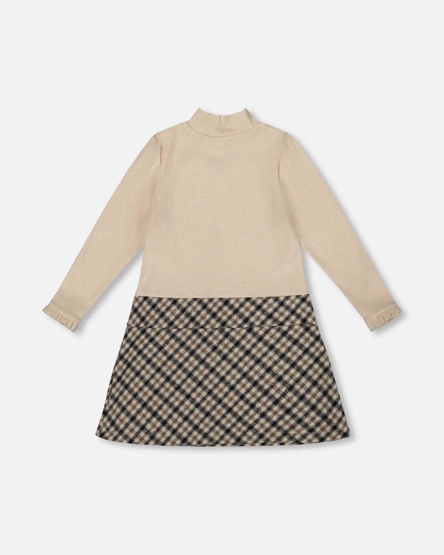 Long Sleeve Bi-Material Mock Neck Dress Beige And Plaid