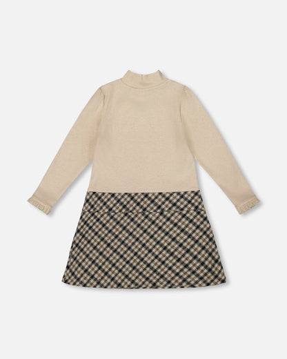 Long Sleeve Bi-Material Mock Neck Dress Beige And Plaid