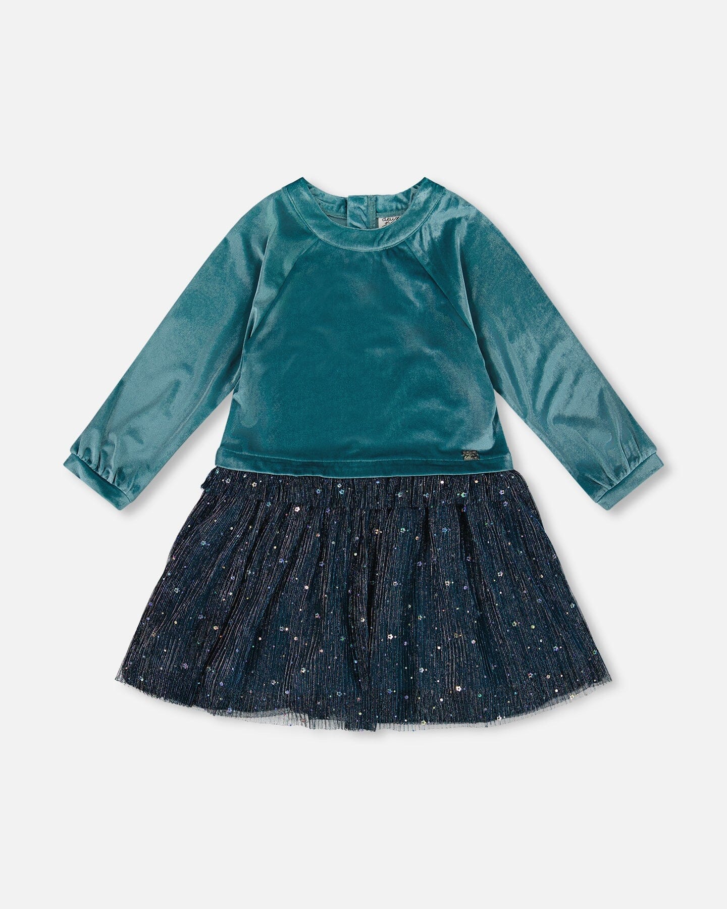 Robe longue bicolore en velours et maille plissée bleu sarcelle