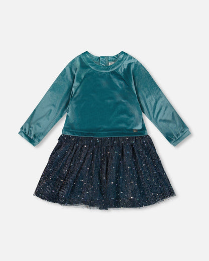 Robe longue bicolore en velours et maille plissée bleu sarcelle
