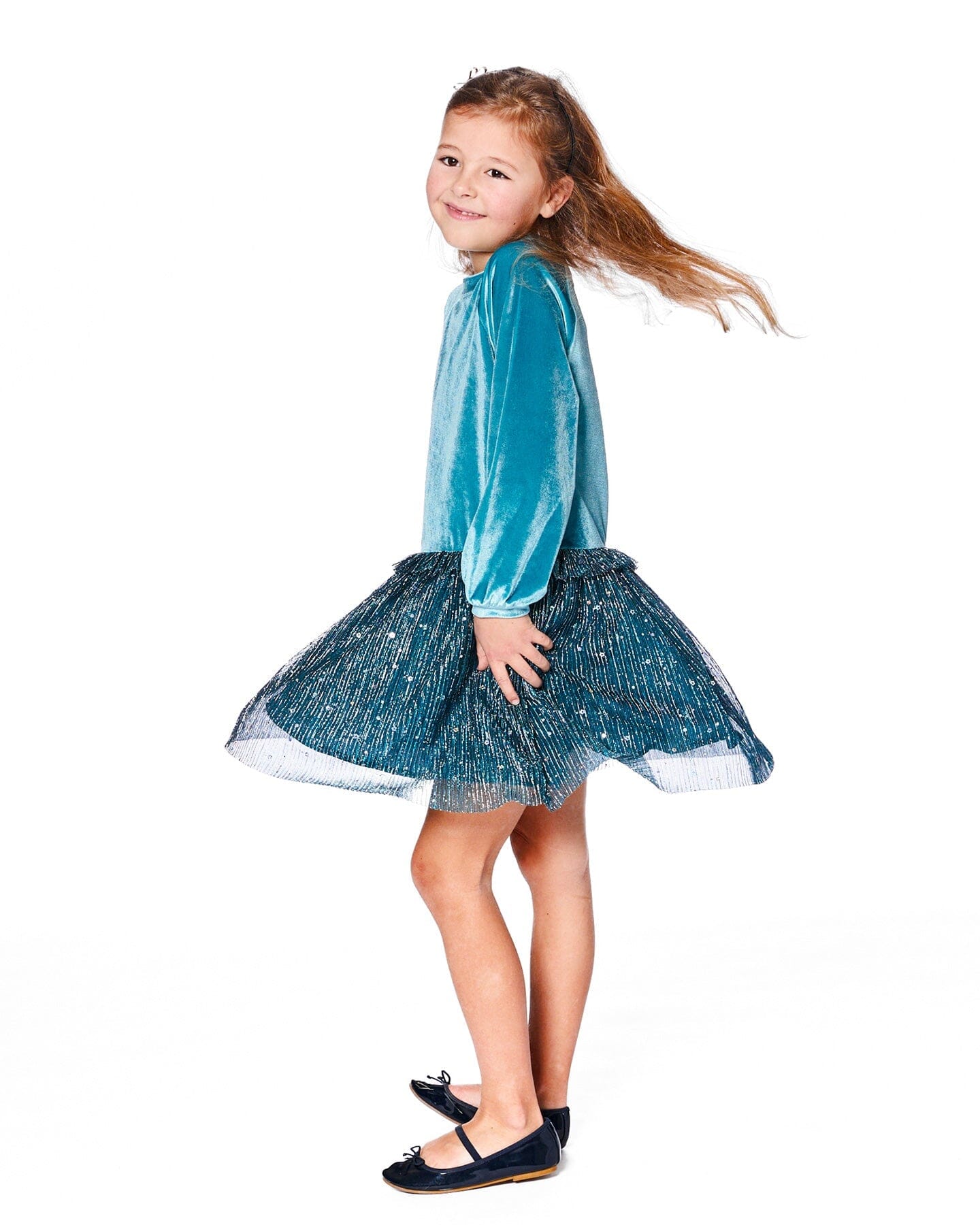 Robe longue bicolore en velours et maille plissée bleu sarcelle