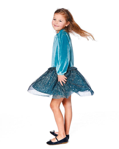 Robe longue bicolore en velours et maille plissée bleu sarcelle