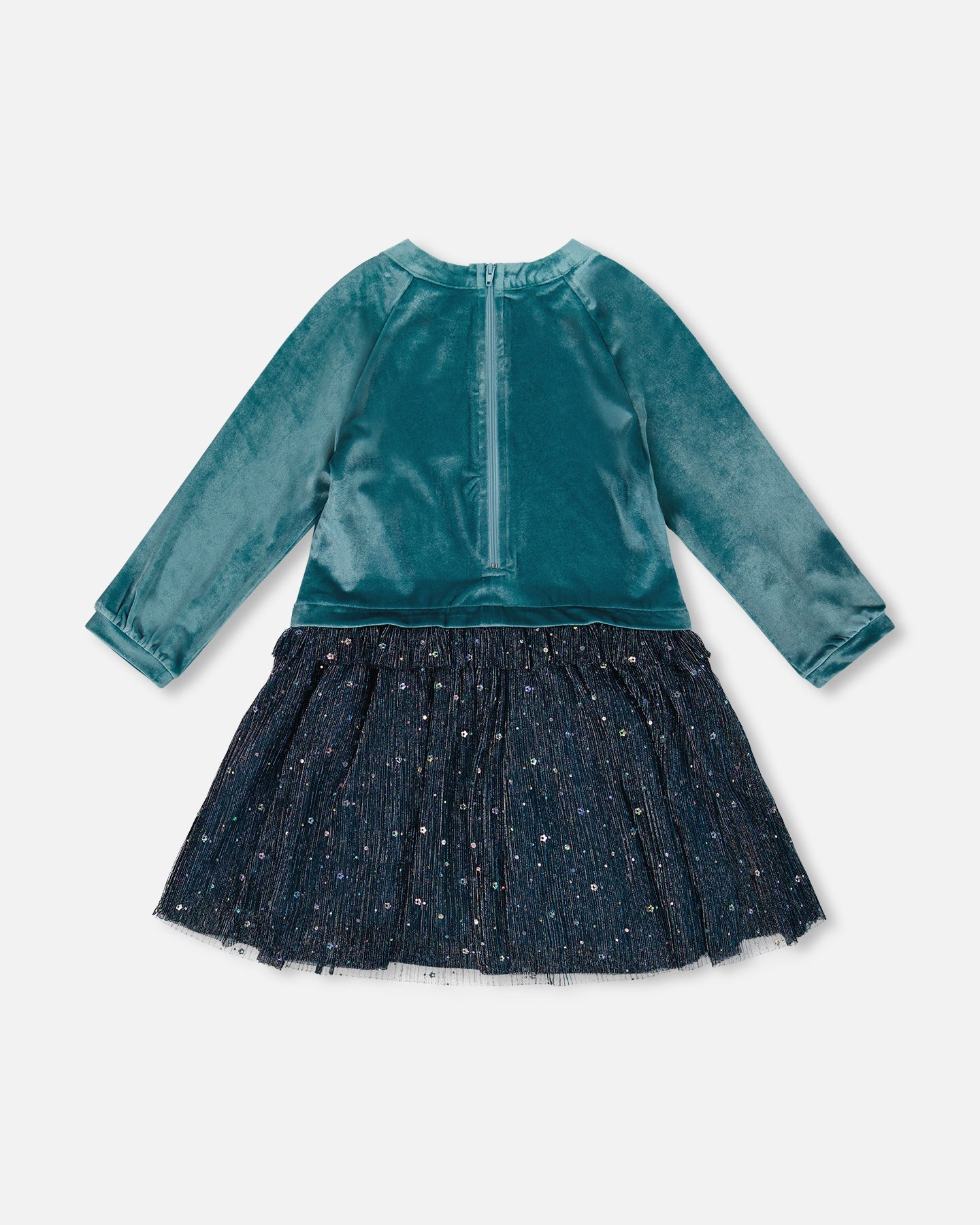Robe longue bicolore en velours et maille plissée bleu sarcelle