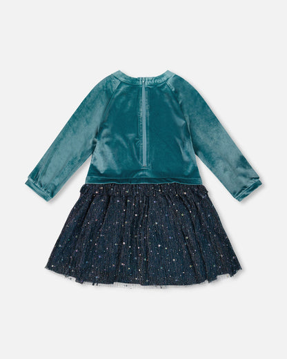 Robe longue bicolore en velours et maille plissée bleu sarcelle