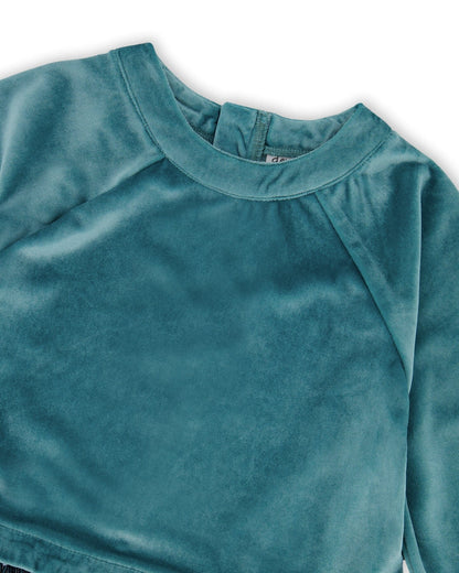 Robe longue bicolore en velours et maille plissée bleu sarcelle