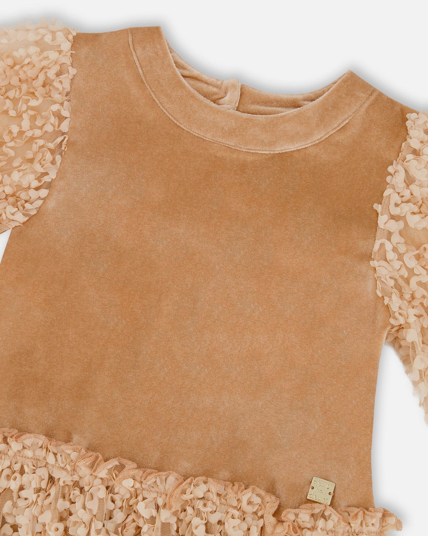 Puff Sleeve Bi-Material Velour And Lace Dress Light Caramel