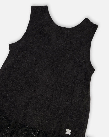 Sleeveless Bi-Material Lurex Dress With Feathers Black