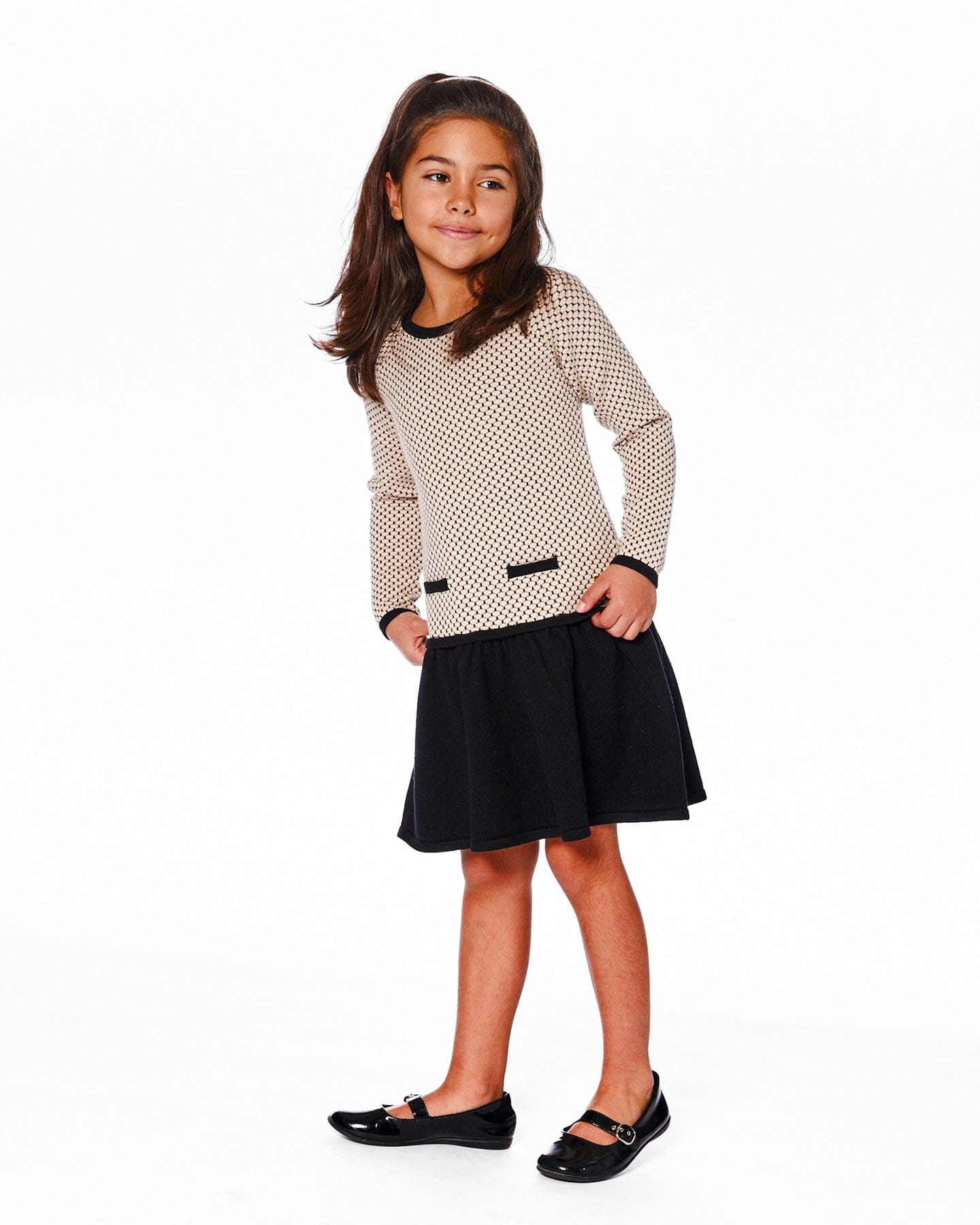 Long Sleeve Knit Sweater Dress Black And Beige