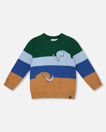 Long Sleeve Knit Sweater Blue, Green And Brown