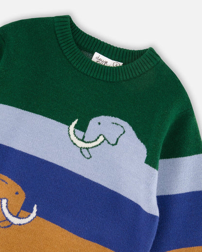 Long Sleeve Knit Sweater Blue, Green And Brown