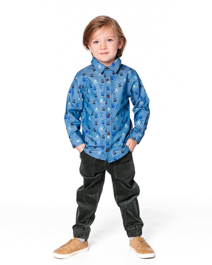 Printed Long Sleeve Button Front Chambray Shirt Blue