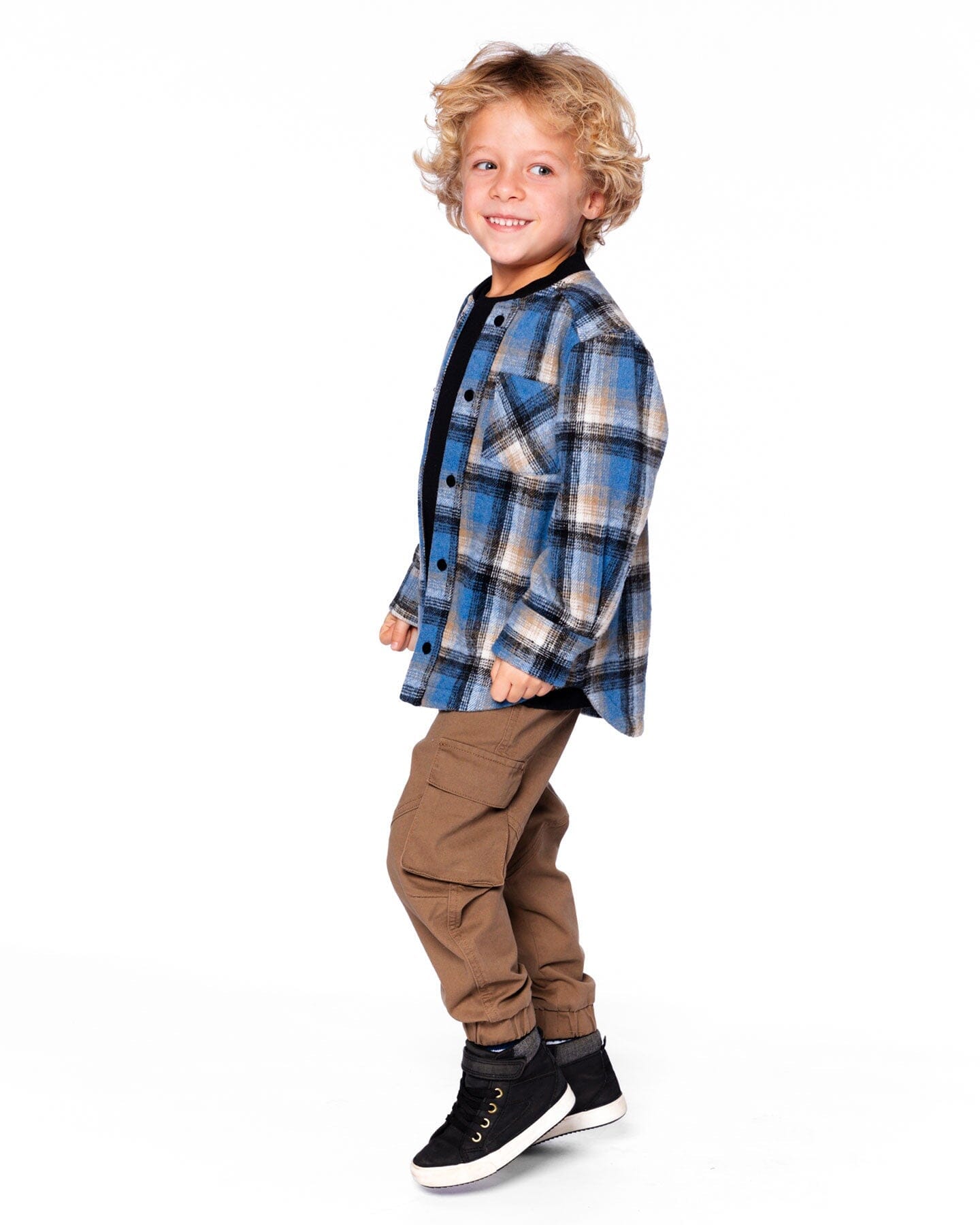 Long Sleeve Brushed Plaid Button Down Shirt Avec Rib Collar