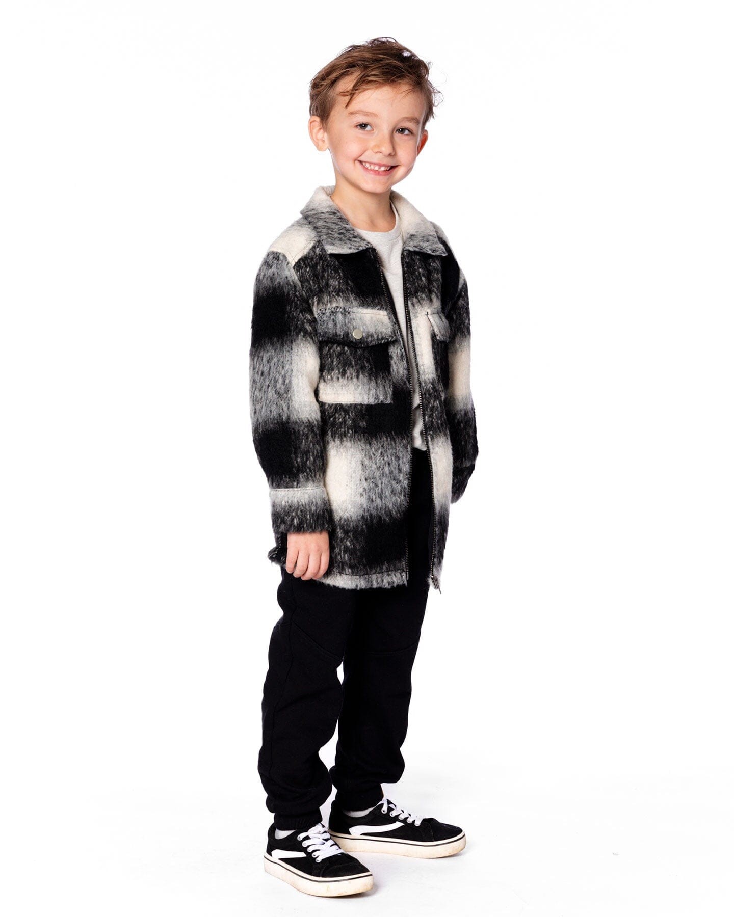 Long Sleeve Zip Front Overshirt With Pockets Black And White