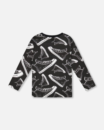 Long Sleeve Organic Cotton Allover Print Tee Black