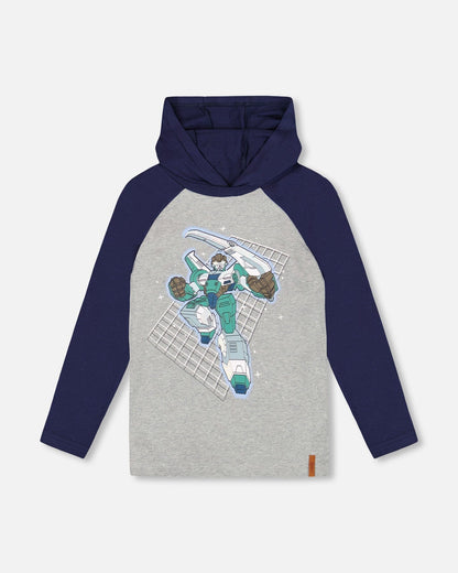 Organic Cotton Jersey Hooded Raglan Sleeve Tee Navy Blue