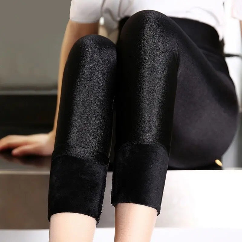 Automne hiver épais Leggings mode solide mince pantalon dame polaire chaud Leggings décontracté noir brillant taille haute Leggings